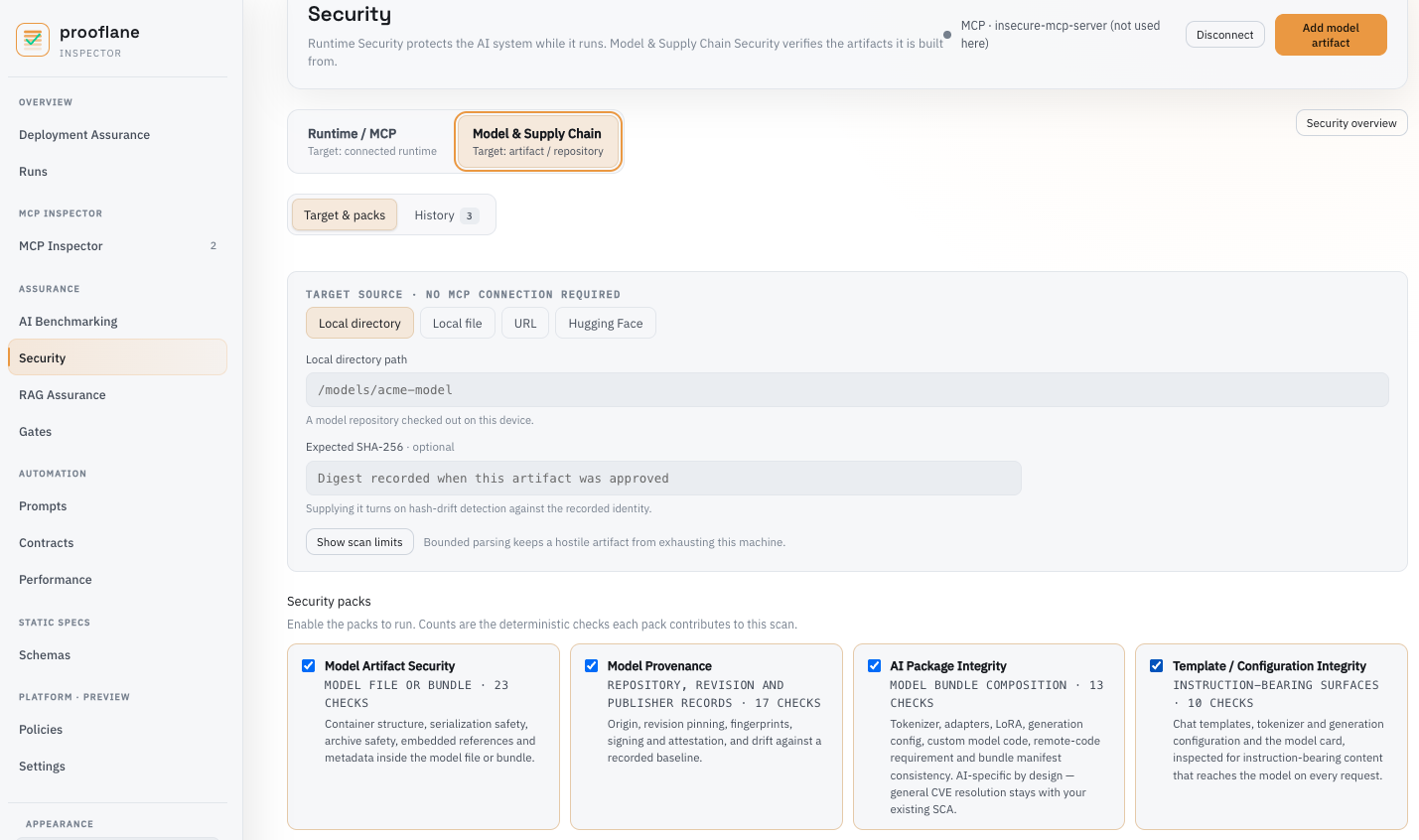 Prooflane model security scan showing model and supply-chain risk findings