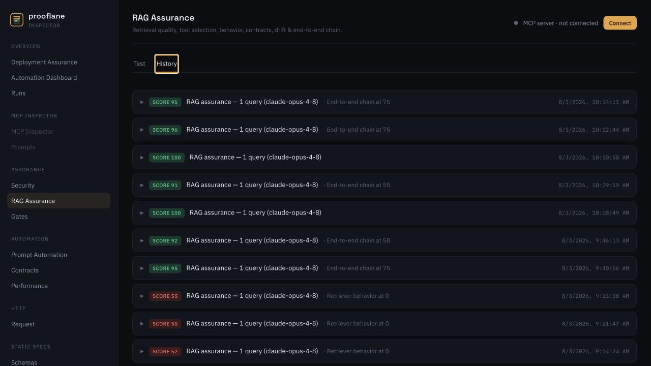 Prooflane RAG Evaluation history interface